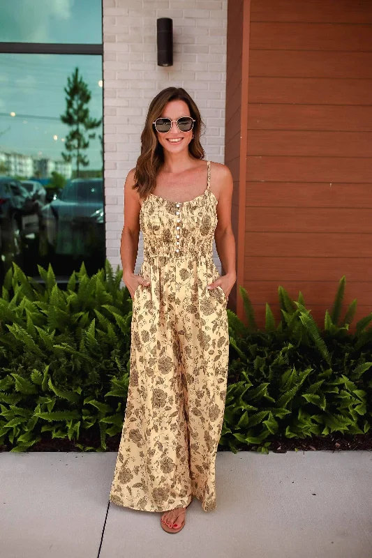 Full Size Printed Spaghetti Strap Wide Leg Jumpsuit Backless wide leg jumpsuit, Sexy, Comfortable, Trendy