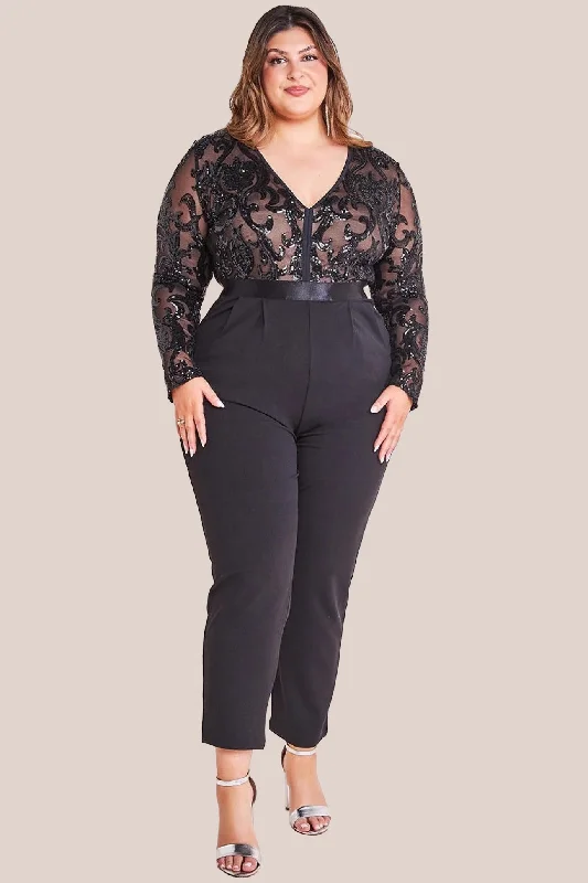 Goddiva Plus Sequin Mesh Jumpsuit - Black Overalls jumpsuit, Casual wear, Relaxed fit, Comfortable Goddiva Plus Sequin Mesh Jumpsuit - Black Overalls jumpsuit, Casual wear, Relaxed fit, Comfortable