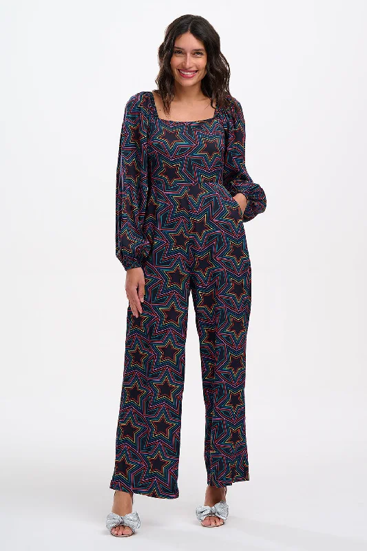 Hestia Shirred Jumpsuit Black / Rainbow Star Explosion Denim jumpsuit, Casual, Comfortable, Street style