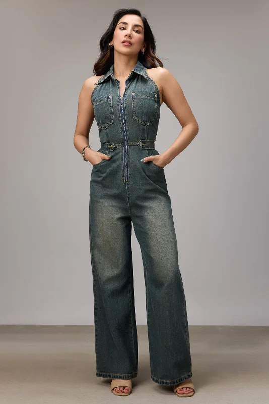 Halter Neck Denim Jumpsuit Sleeveless wide leg jumpsuit, Summer, Fashionable, Comfortable Halter Neck Denim Jumpsuit Sleeveless wide leg jumpsuit, Summer, Fashionable, Comfortable