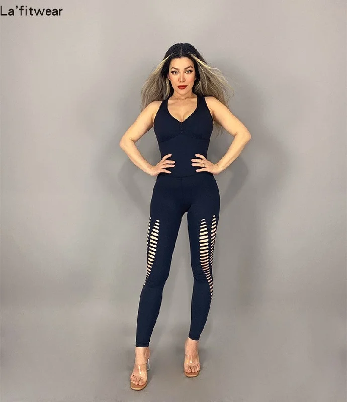 La Fitwear Jumpsuit Laser Cut Black Deep V jumpsuit, Sexy, Elegant, Fashionable