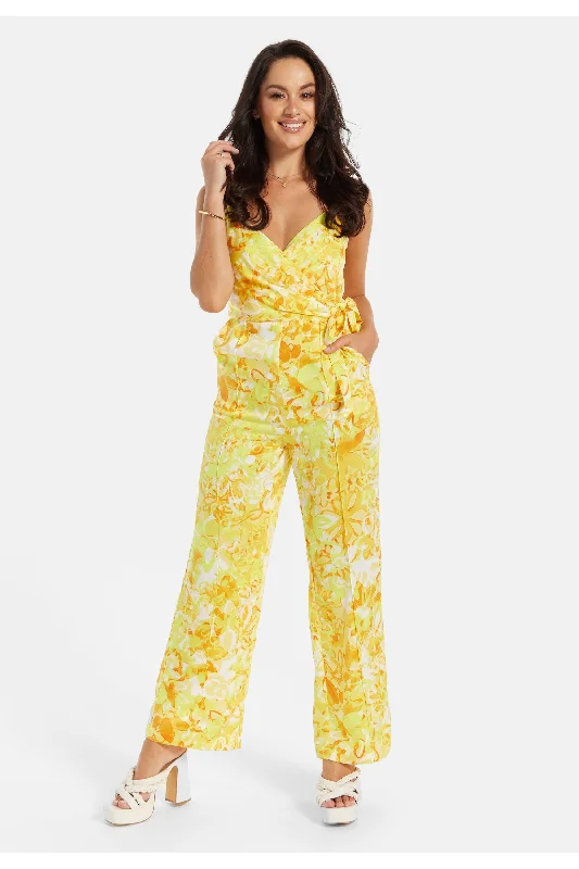 Liquorish Yellow And Orange Floral Print V Neck Jumpsuit Floral pattern jumpsuit, Feminine, Elegant, Stylish Liquorish Yellow And Orange Floral Print V Neck Jumpsuit Floral pattern jumpsuit, Feminine, Elegant, Stylish