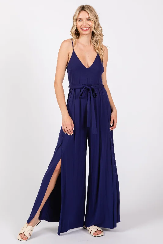 Navy Blue Sleeveless V-Neck Split Hem Jumpsuit Structured jumpsuit, Tailored fit, Professional, Elegant Navy Blue Sleeveless V-Neck Split Hem Jumpsuit Structured jumpsuit, Tailored fit, Professional, Elegant