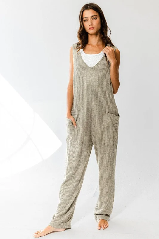 Olive Oversize Tank Textured Knit Jumpsuit With Pockets Wide-leg denim jumpsuit, Casual chic, Trendy, Comfortable Olive Oversize Tank Textured Knit Jumpsuit With Pockets Wide-leg denim jumpsuit, Casual chic, Trendy, Comfortable