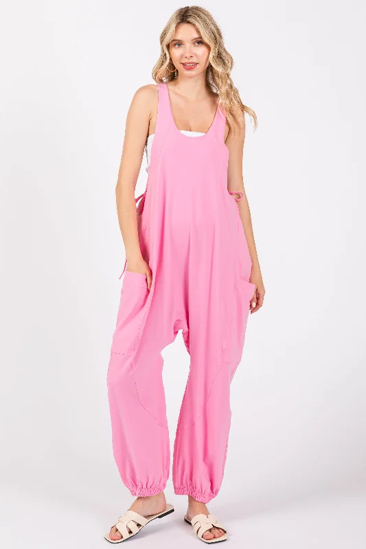 Pink Racerback Drawstring Side Pocket Jumpsuit Ruffle hem jumpsuit, Feminine, Trendy, Casual Pink Racerback Drawstring Side Pocket Jumpsuit Ruffle hem jumpsuit, Feminine, Trendy, Casual