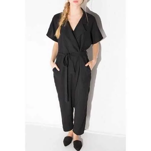 Fashionable Turn-Down Collar Solid Color Tie-Up Short Sleeve Jumpsuit For Women - Black S Jumpsuit for work, Professional wear, Business casual, Stylish