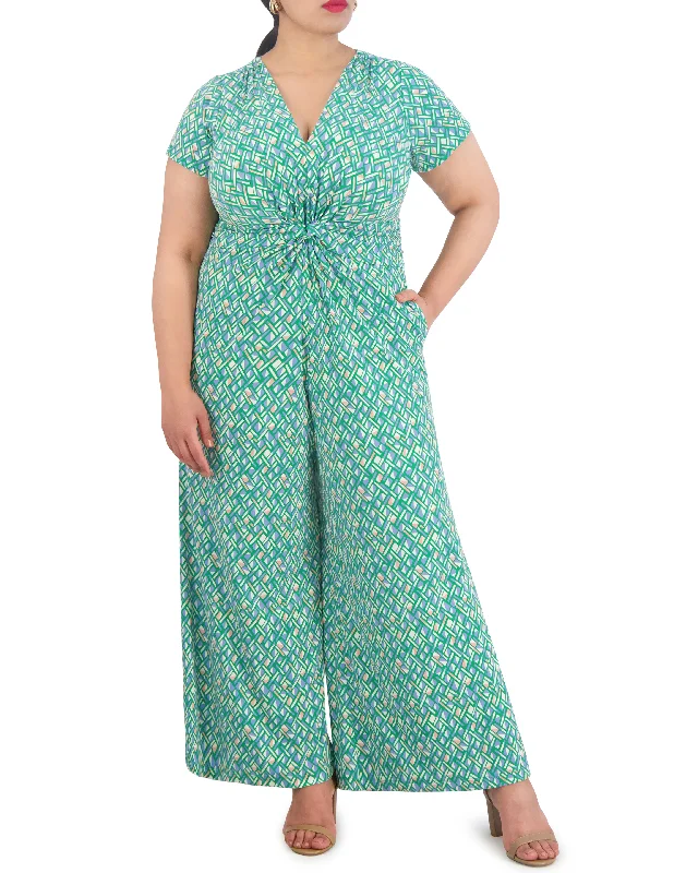 Plus-Size Printed Twist-Front Flared-Leg Jumpsuit Fitted wide leg jumpsuit, Elegant, Feminine, Fashionable Plus-Size Printed Twist-Front Flared-Leg Jumpsuit Fitted wide leg jumpsuit, Elegant, Feminine, Fashionable