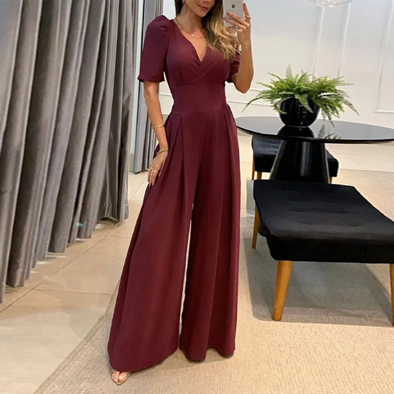 Women Fashion Solid Elegant Casual V-Neck High Waist Puff Short Sleeve Wide Leg Jumpsuits One-piece jumpsuit, Comfortable, Trendy, Workwear