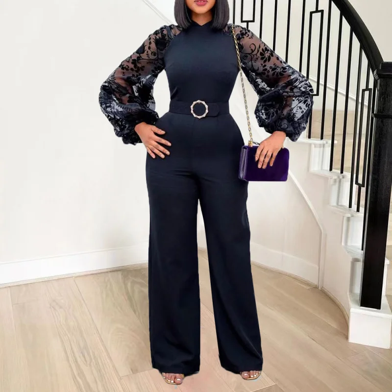 Women Solid Color Lace Mesh Stitching Long-Sleeved Waist Wide-Leg Jumpsuit Off-the-shoulder jumpsuit, Sexy, Elegant, Trendy Women Solid Color Lace Mesh Stitching Long-Sleeved Waist Wide-Leg Jumpsuit Off-the-shoulder jumpsuit, Sexy, Elegant, Trendy